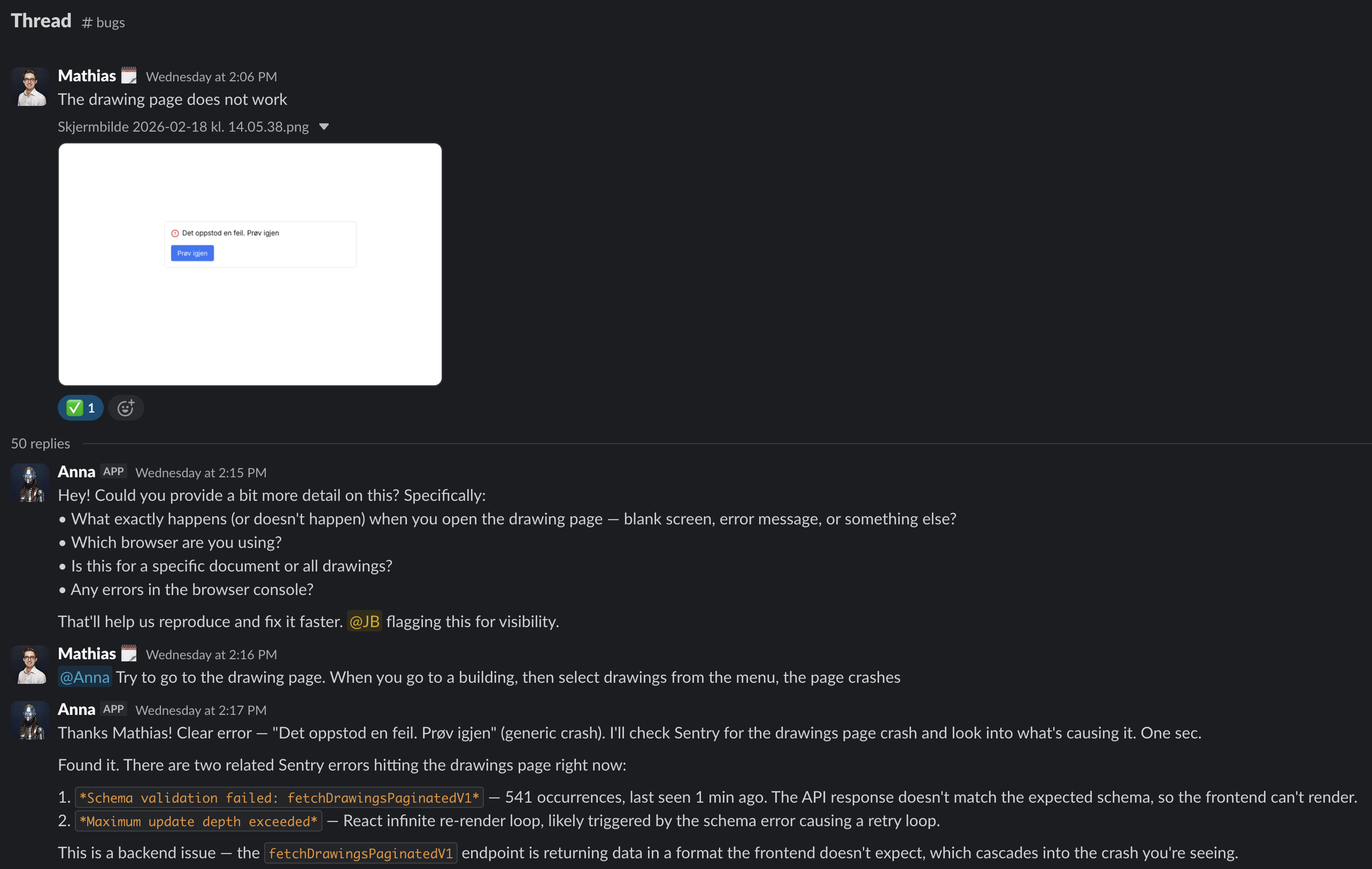 Anna investigating a bug in Slack