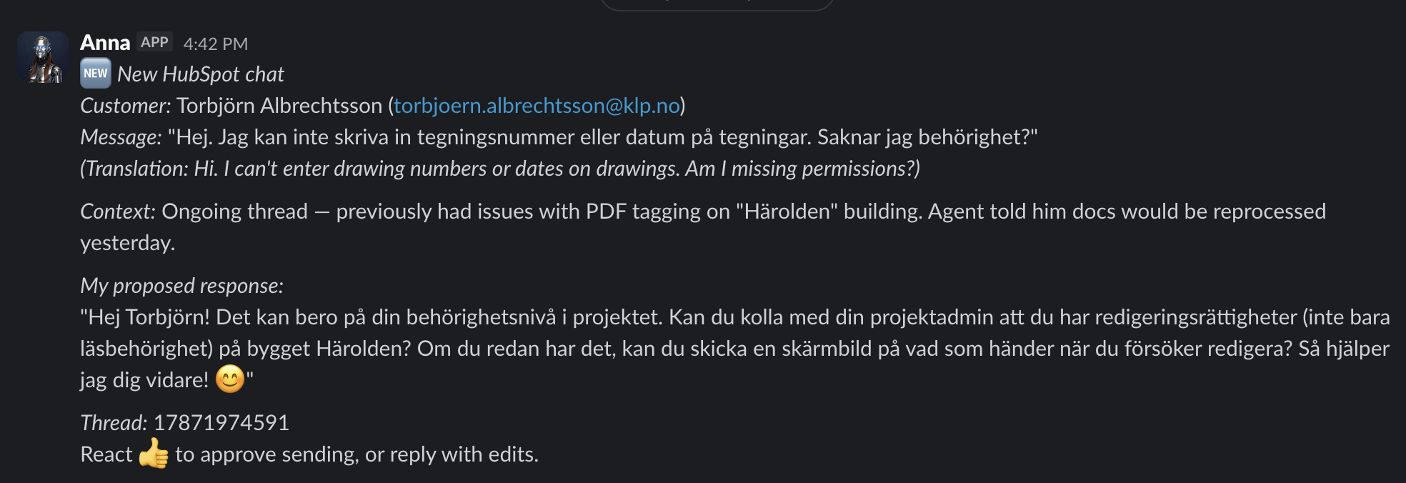 Anna replying in Swedish to a colleague