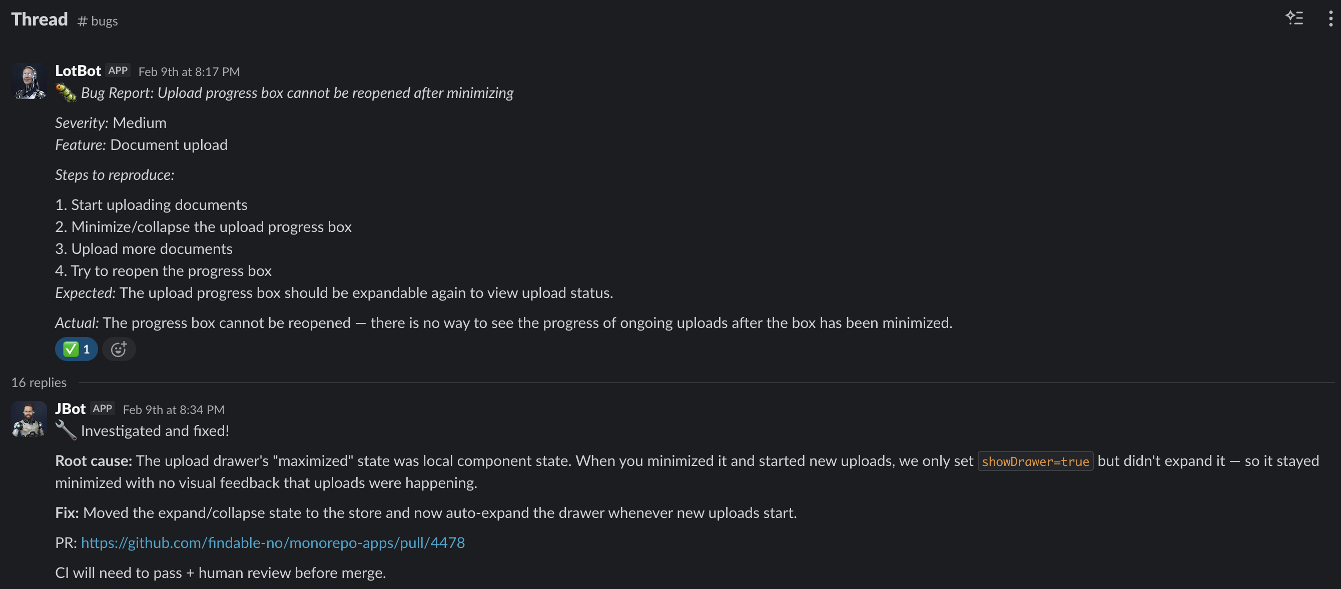 CS bot reports bug, engineering bot fixes it
